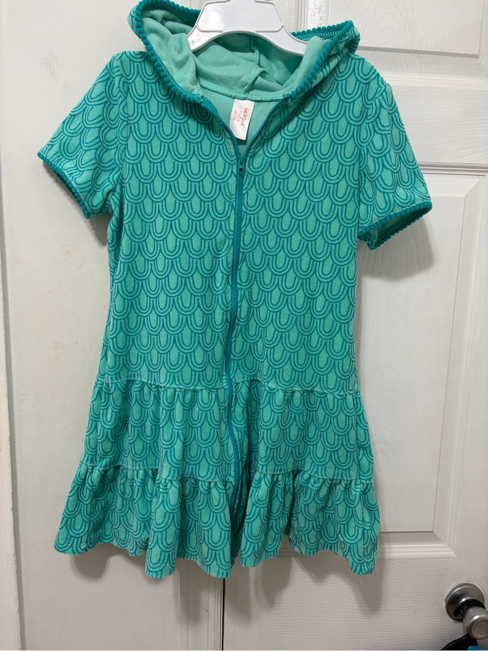 🎀 Cat & Jack Girls Teal Hooded Zip-Front Tiered Swim Cover up 👗 Size L